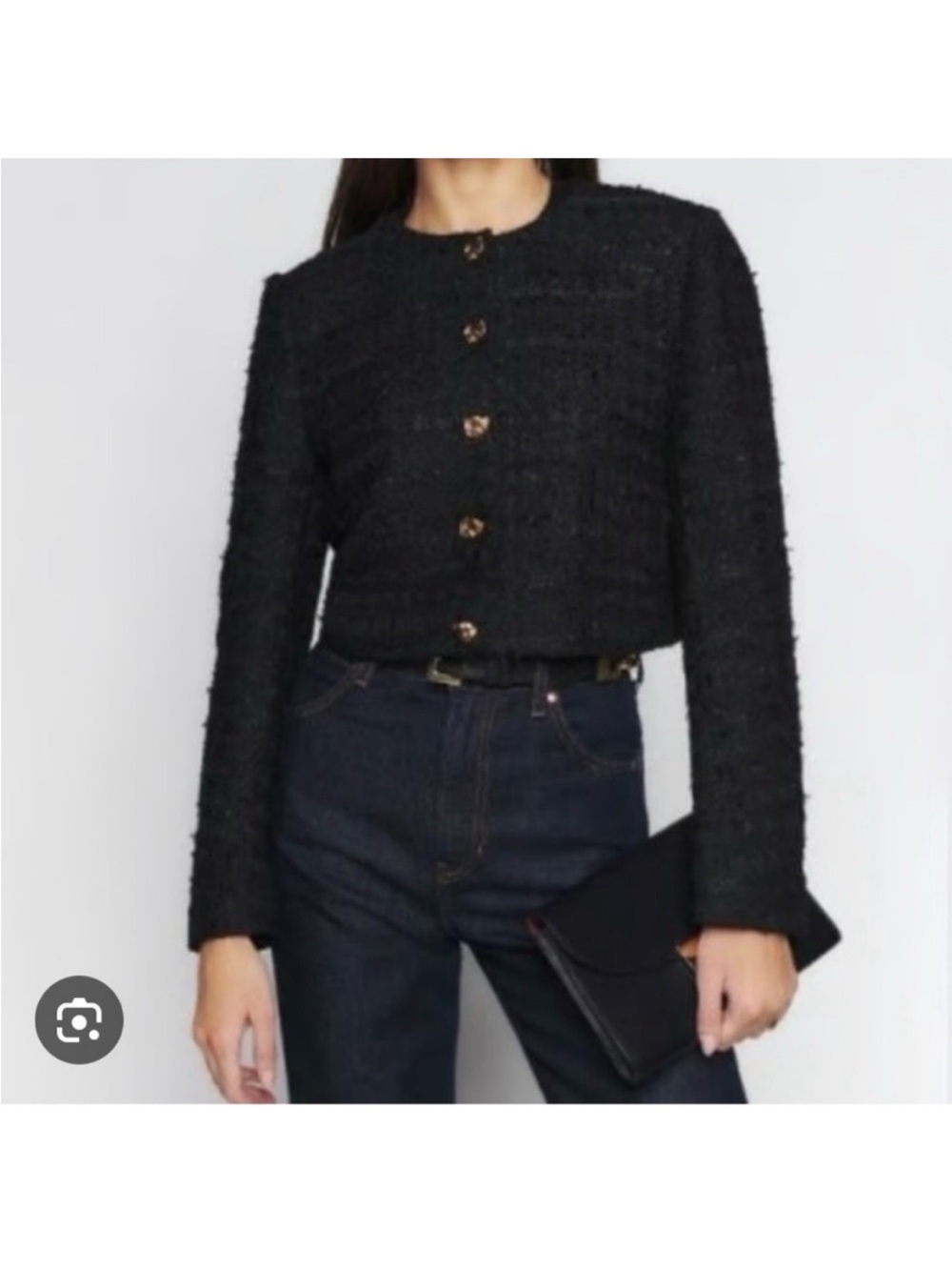 Reformation Black Cropped Tweed Jacket with Gold Buttons